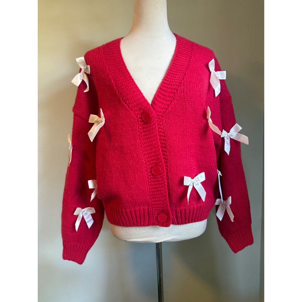 Luna Ivy red Bow Cardigan Sweater M Coquette NEW peppy Y2K cottage Anthro dainty